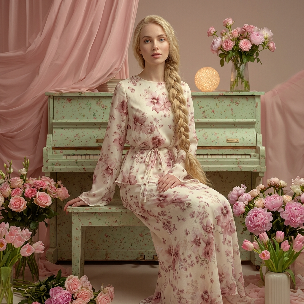 Model wearing a Rose Meadow Two-Piece Maxi Set surrounded by pink flowers in an elegant setting