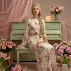 Model wearing a Rose Meadow Two-Piece Maxi Set surrounded by pink flowers in an elegant setting