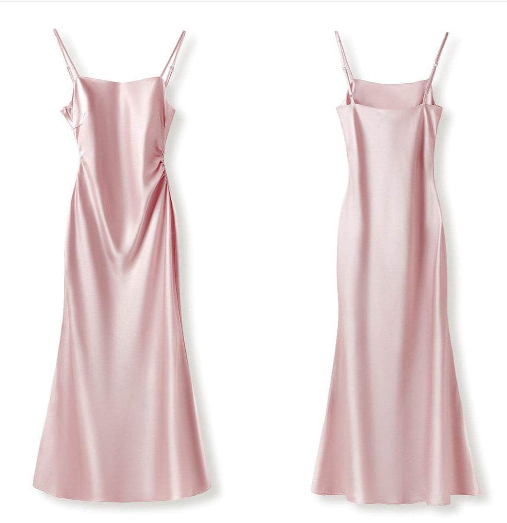 Light Pink Satin Slip Dress with Spaghetti Straps and Elegant Draping for Stylish Occasions
