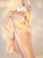 Elegant AM Vision RO Satin Slip Dress in soft pink with adjustable spaghetti straps