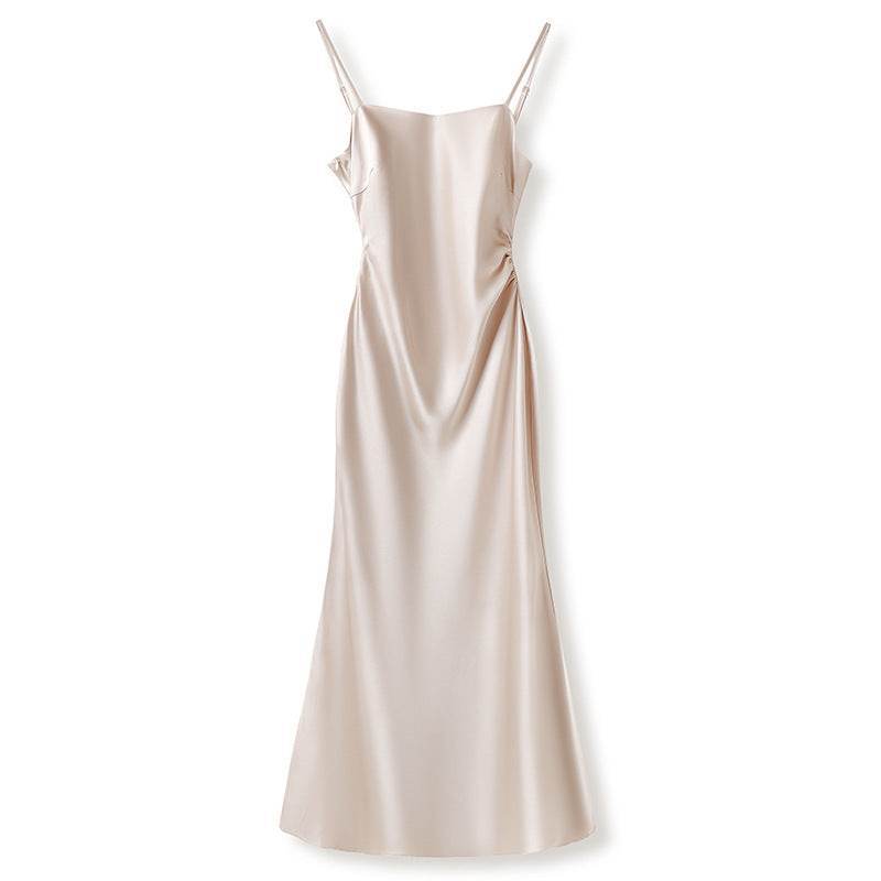 Elegant AM Vision RO Satin Slip Dress in soft beige with delicate straps and a flowing silhouette