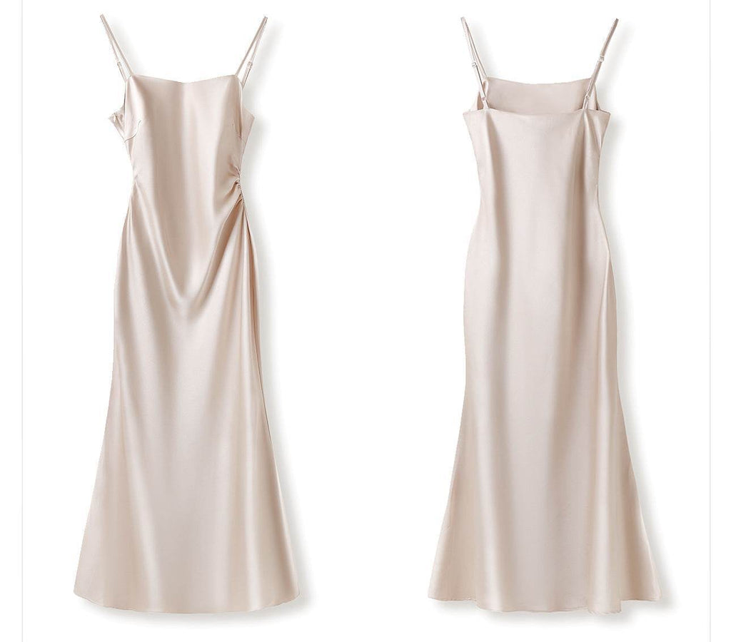 Elegant AM Vision RO Satin Slip Dress in Light Beige with Spaghetti Straps and Flowing Design