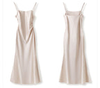 Elegant AM Vision RO Satin Slip Dress in Light Beige with Spaghetti Straps and Flowing Design