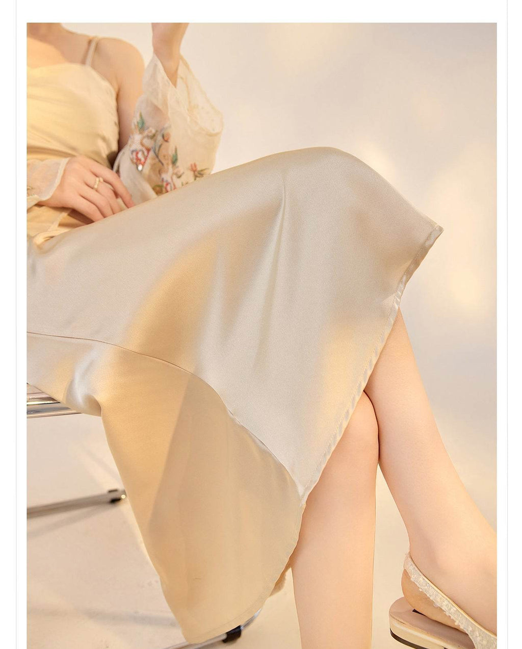 Elegant Satin Slip Dress in Light Beige with Flowing Hem and Comfortable Fit for Stylish Occasions