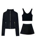 AM Vision RO Sculpt Fit Three Piece Set featuring a sleek zip-up jacket, crop top, and pleated skirt
