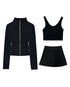 AM Vision RO Sculpt Fit Three Piece Set featuring a sleek zip-up jacket, crop top, and pleated skirt