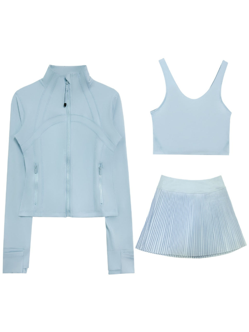 Light blue Sculpt Fit Three Piece Set including a jacket, crop top, and pleated skirt for active wear