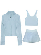 Light blue Sculpt Fit Three Piece Set including a jacket, crop top, and pleated skirt for active wear