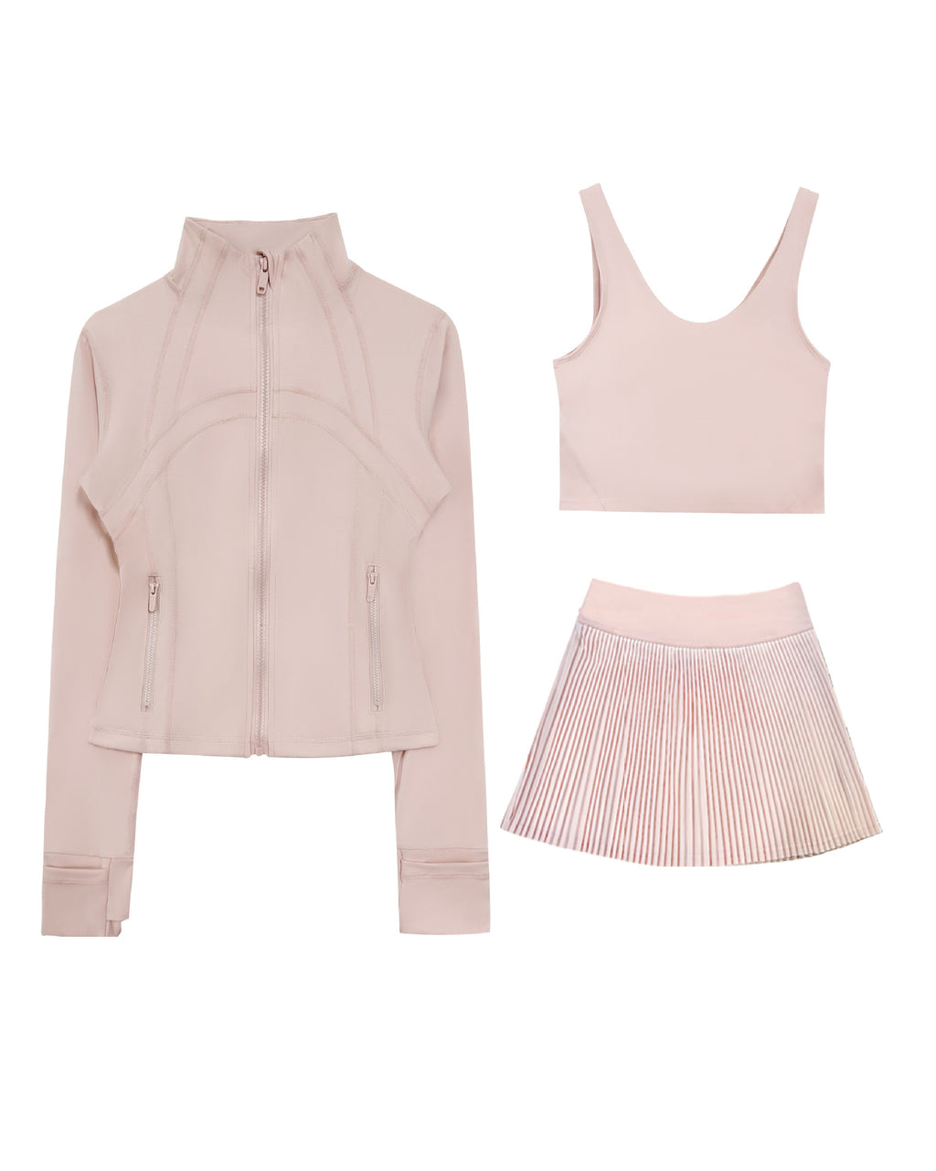 Sculpt Fit Three Piece Set including a zip-up jacket, a sleeveless top, and a pleated skirt in soft pink