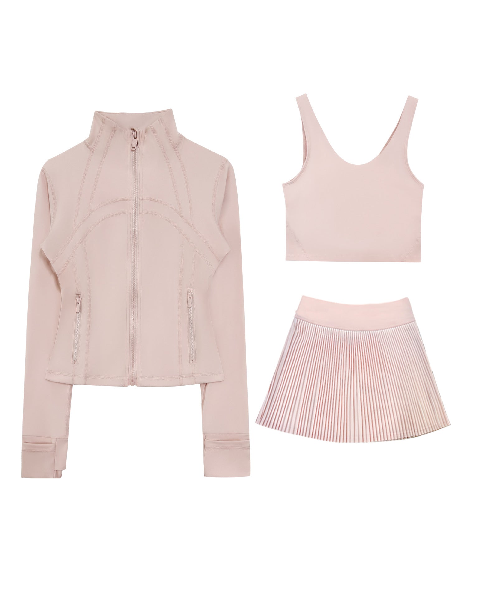 Sculpt Fit Three Piece Set including a zip-up jacket, a sleeveless top, and a pleated skirt in soft pink
