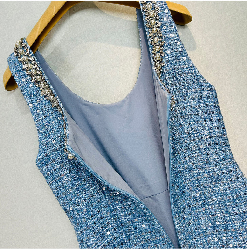 AM Vision RO Sequined Bow Sleeveless Vest Dress in light blue with embellished neckline and zipper closure