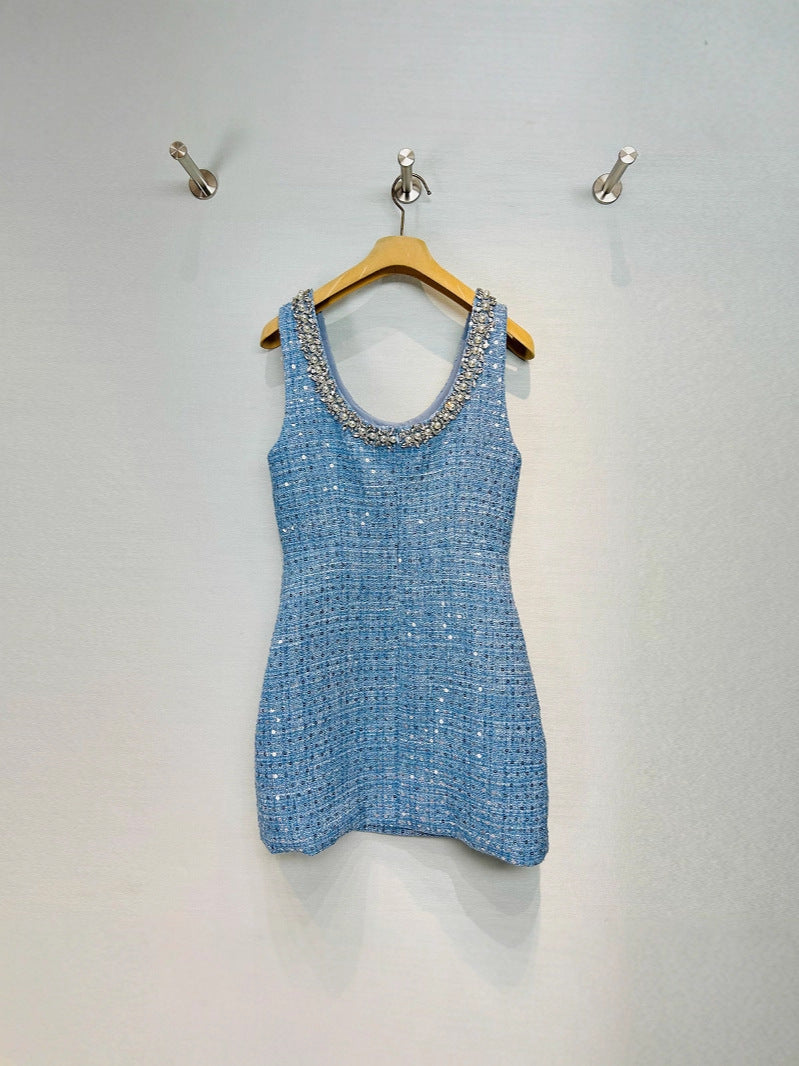 Light blue Sequined Bow Sleeveless Vest Dress with jeweled neckline for stylish summer outfits