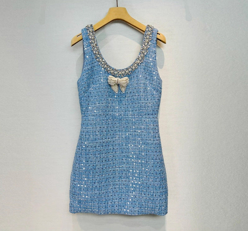 AM Vision RO Sequined Bow Sleeess Vest Dress in light blue with embellished neckline for stylish occasions