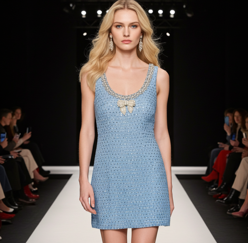 Model wearing a Sequined Bow Sleeveless Vest Dress in blue with intricate detailing for special occasions