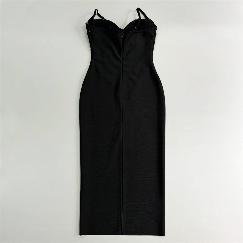 Sexy Bandage Beaded V-Neck Party Dress in black with a fitted silhouette and adjustable straps