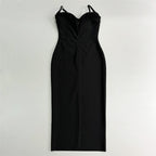 Sexy Bandage Beaded V-Neck Party Dress in black with a fitted silhouette and adjustable straps