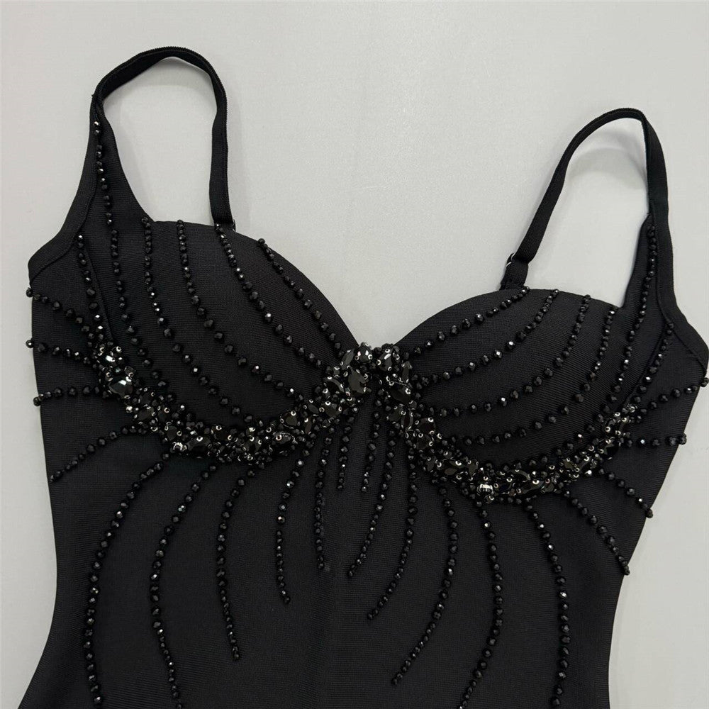 Sexy Bandage Beaded V-Neck Party Dress featuring intricate beaded detailing across the bodice