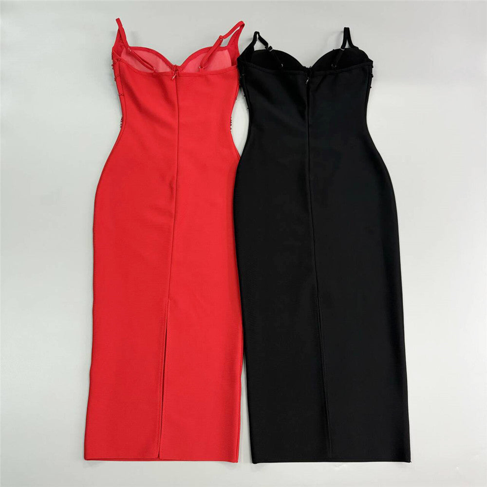 Sexy Bandage Beaded V-Neck Party Dress in red and black showcasing a form-fitting style