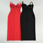 Sexy Bandage Beaded V-Neck Party Dress available in red and black colors with elegant bead detailing