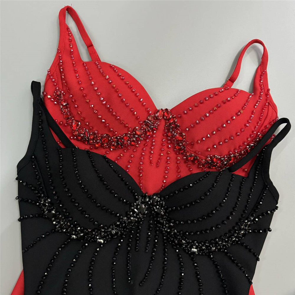 Sexy Bandage Beaded V-Neck Party Dress in black and red with intricate bead detailing