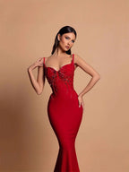 Sexy Bandage Beaded V-Neck Party Dress in red, featuring a form-fitting silhouette and elegant bead detailing