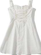 White Short Dress with Corset featuring gathered bodice and adjustable straps for a stylish look