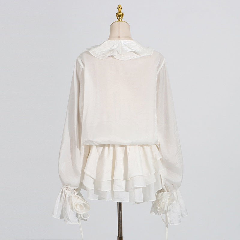 Back view of Short Lace Dress With Puff Sleeves featuring layered skirt and elegant design