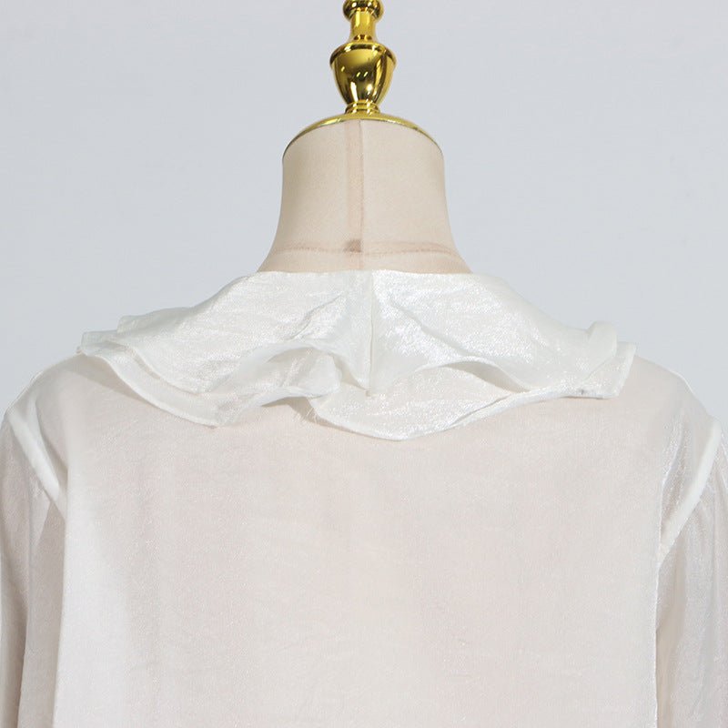 Back view of a Short Lace Dress With Puff Sleeves highlighting the delicate fabric and soft neckline