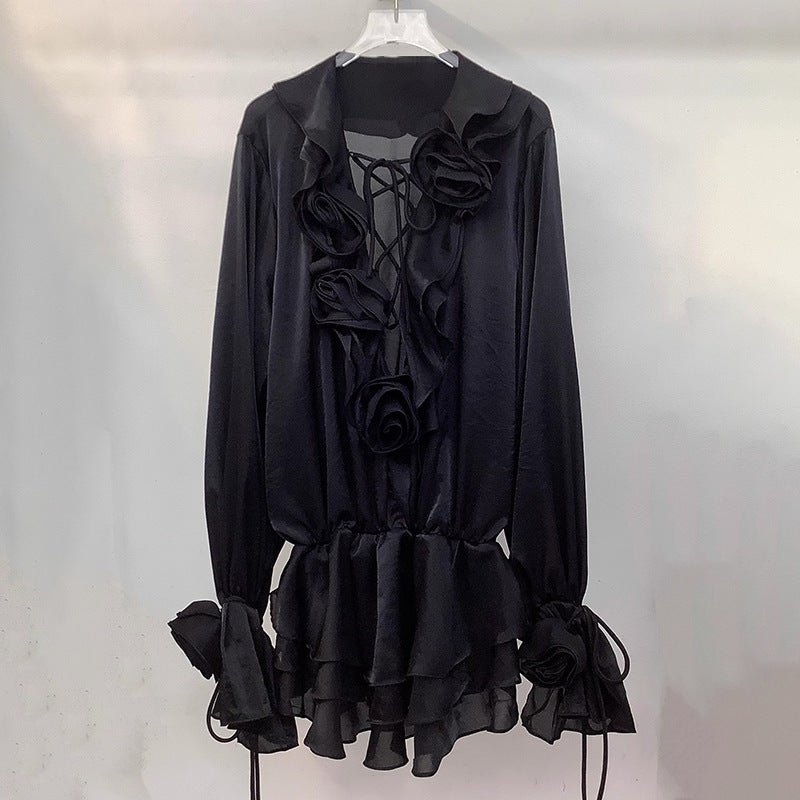 Elegant black Short Lace Dress With Puff Sleeves featuring floral details and a ruffled hem