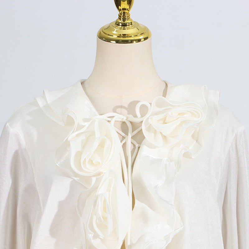 Elegant Short Lace Dress With Puff Sleeves featuring a delicate ruffled neckline design