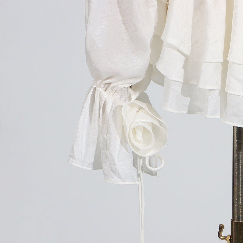 Elegant Short Lace Dress With Puff Sleeves in White, perfect for stylish summer outings