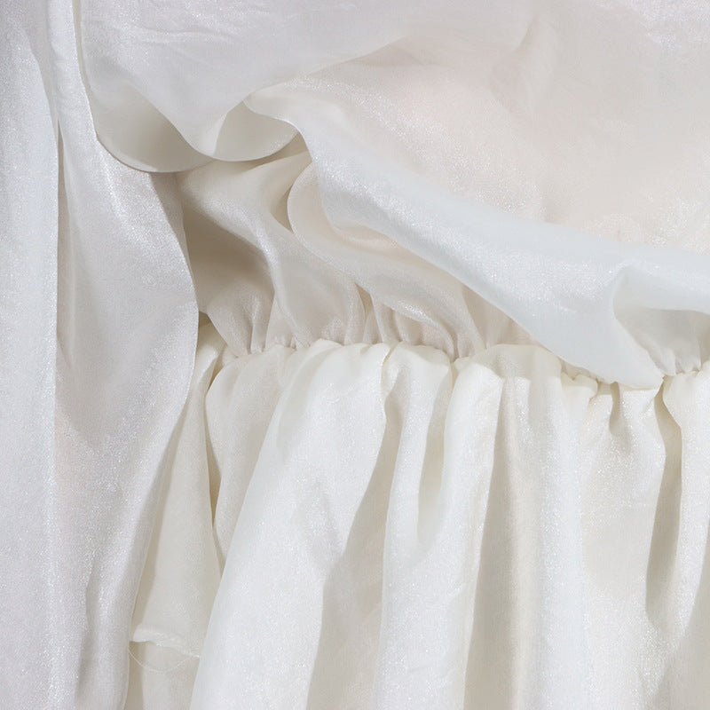 Elegant Short Lace Dress With Puff Sleeves featuring a soft white fabric and gathered waist detail