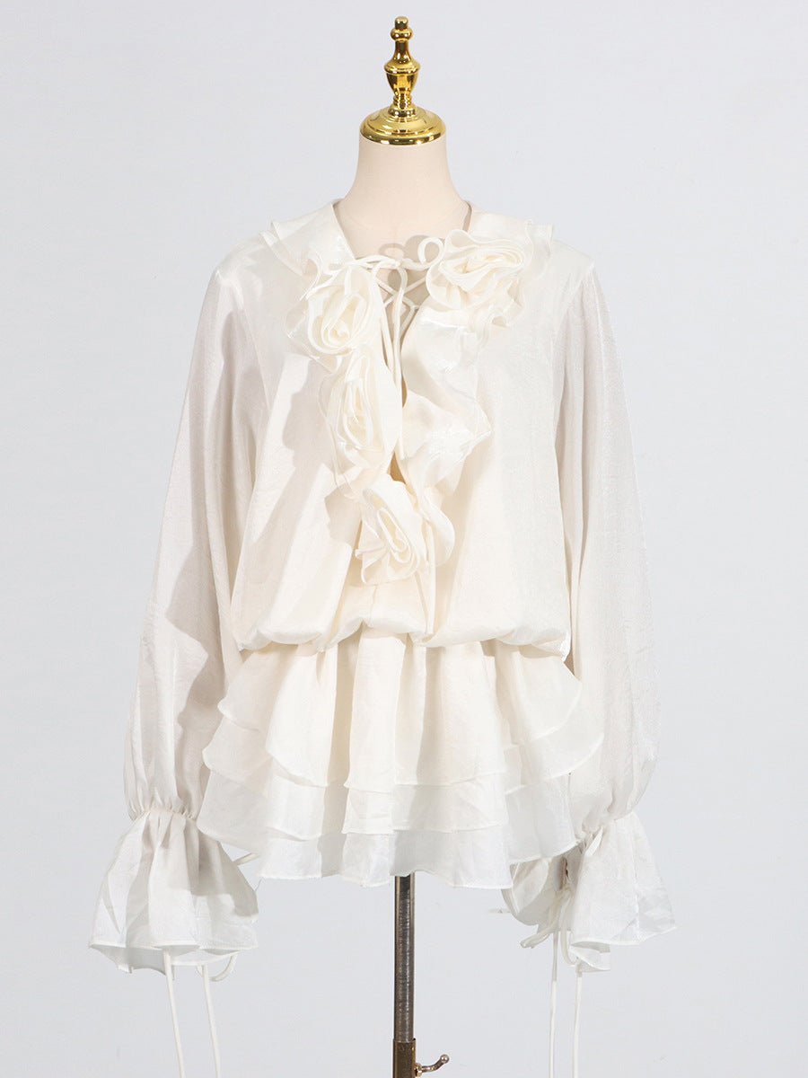 Elegant White Short Lace Dress With Puff Sleeves featuring ruffles and floral details for stylish occasions