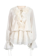 AM Vision RO Short Lace Dress With Puff Sleeves in White with Ruffle and Floral Details