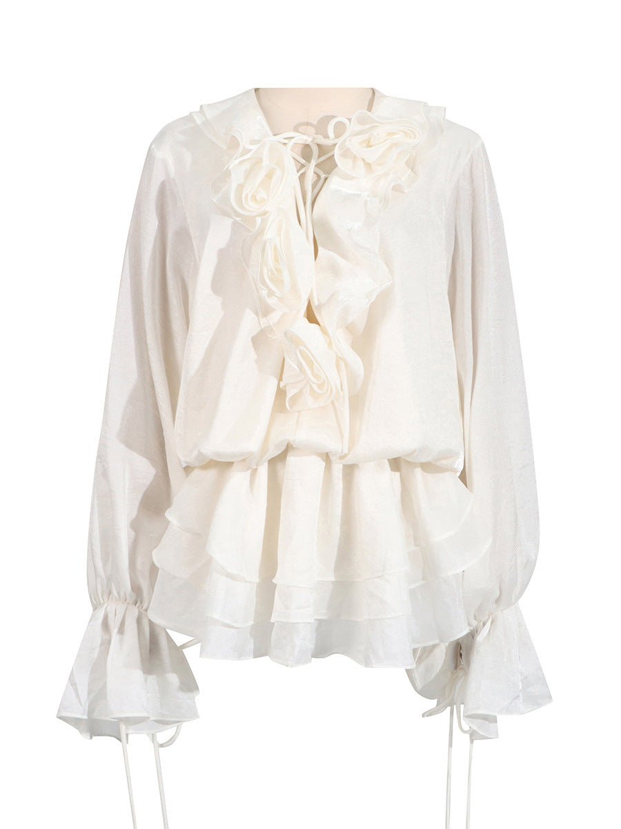 AM Vision RO Short Lace Dress With Puff Sleeves in White with Ruffle and Floral Details