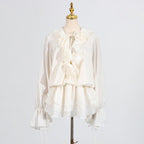Elegant Short Lace Dress With Puff Sleeves in white with ruffle detailing and a chic design