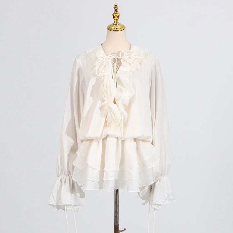 Elegant Short Lace Dress With Puff Sleeves in white with ruffle detailing and a chic design