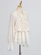 Elegant AM Vision RO Short Lace Dress With Puff Sleeves in White for a stylish look