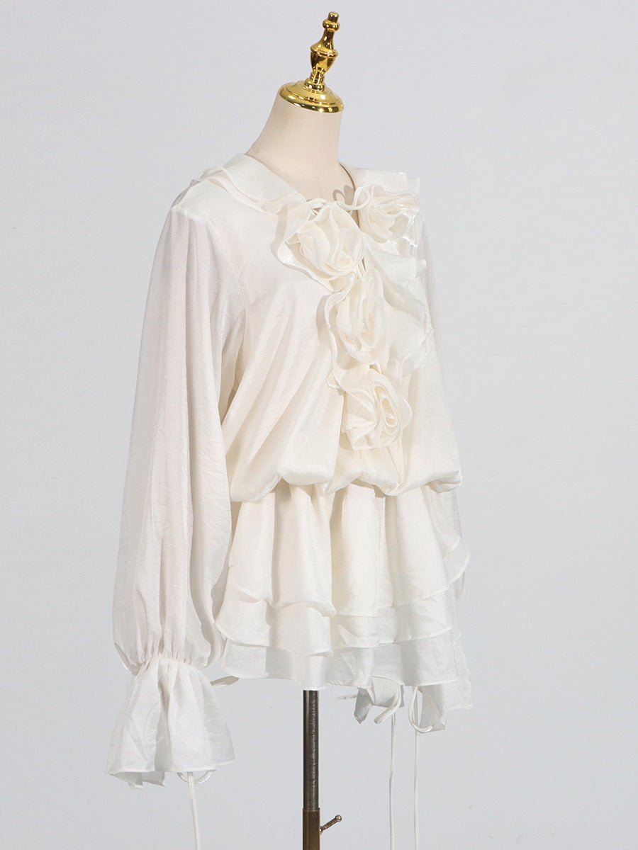 Elegant AM Vision RO Short Lace Dress With Puff Sleeves in White for a stylish look