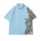 Light Blue Short Sleeve Bear Shirt with a Colorful Teddy Bear Print Design on One Side