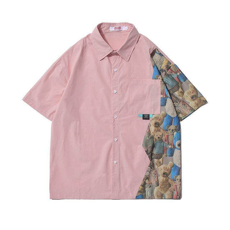 AM Vision RO Short Sleeve Bear Shirt in pink with colorful teddy bear pattern on the side