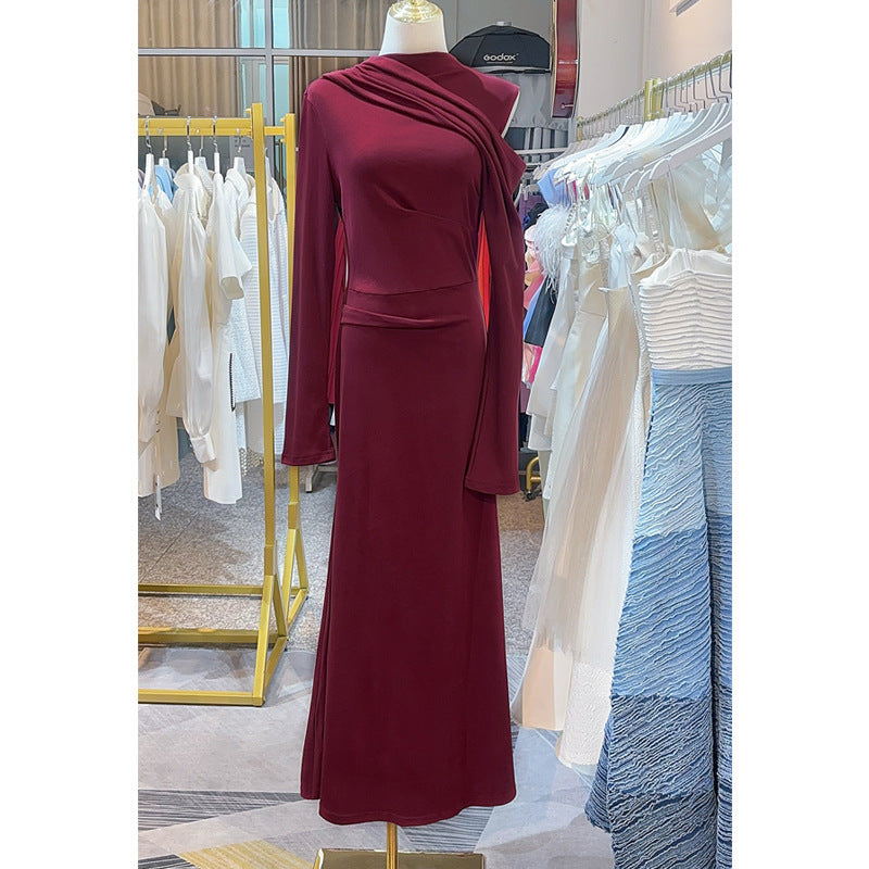 Elegant AM Vision RO Silhouette Muse Pleated Knit Dress in deep red with a sophisticated draped design
