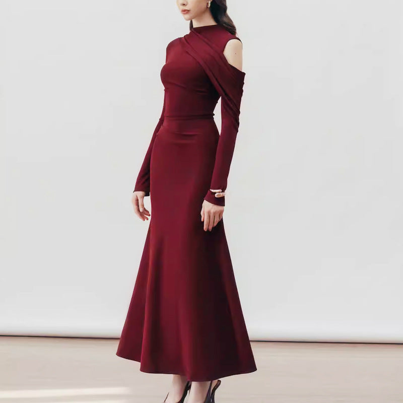 Elegant AM Vision RO Silhouette Muse Pleated Knit Dress in burgundy with a modern design and flattering fit