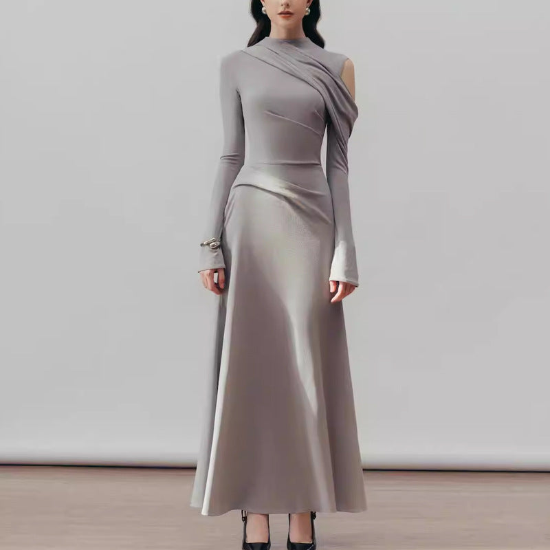Elegant Silhouette Muse Pleated Knit Dress in light gray with asymmetrical design and long sleeves