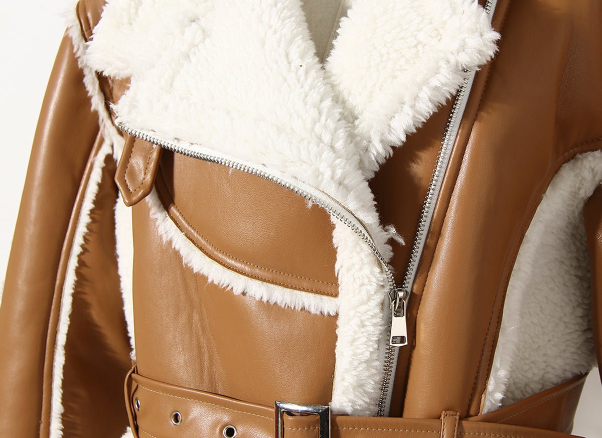 Slim Fit Motorcycle Jacket - Synthetic Fiber in brown with cozy fur lining and stylish zipper