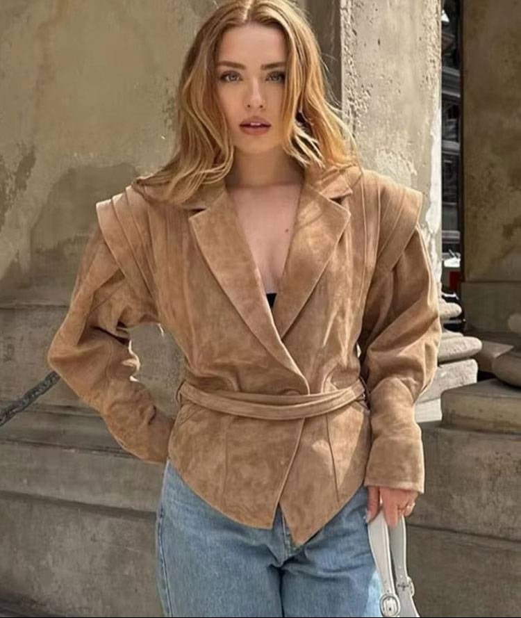 Stylish AM Vision RO Slim Jacket with Waist Tie in light brown, perfect for trendy outfits.