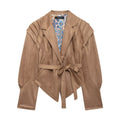 Stylish AM Vision RO Slim Jacket with Waist Tie in brown suede with unique patterned lining