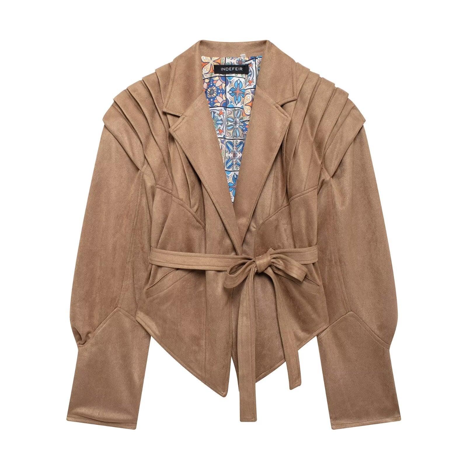 Stylish AM Vision RO Slim Jacket with Waist Tie in brown suede with unique patterned lining