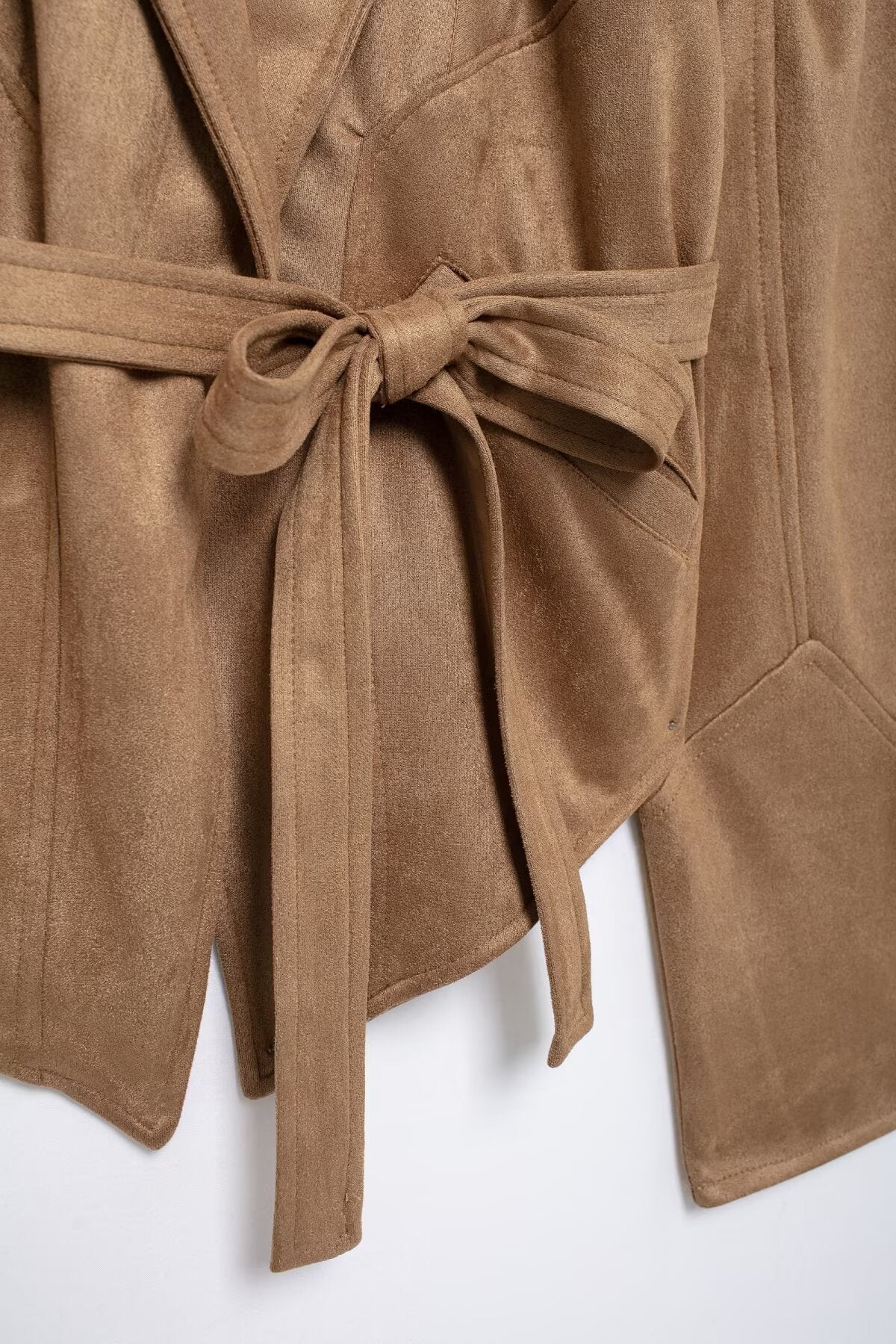 Tan AM Vision RO Slim Jacket with Waist Tie showcasing a stylish knot detail