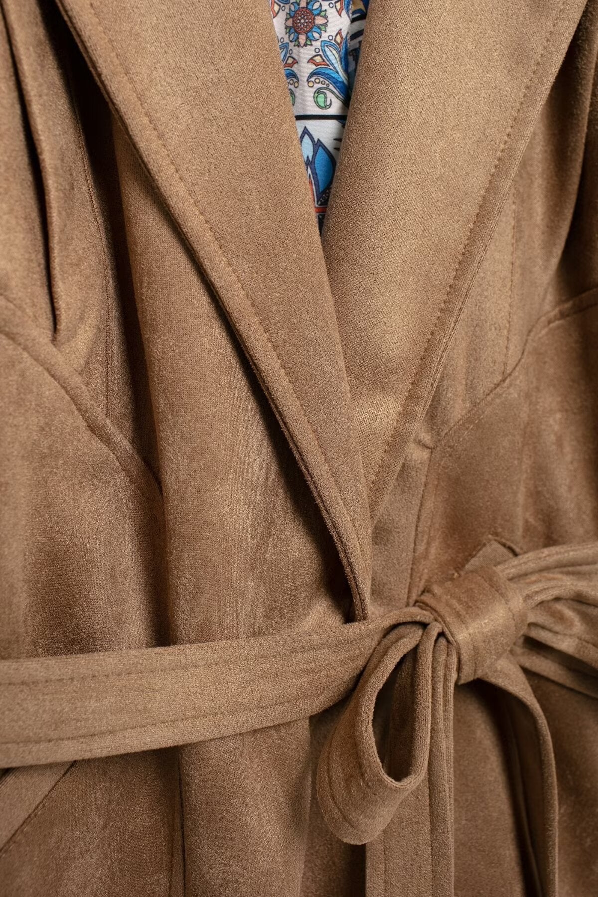 Stylish AM Vision RO Slim Jacket with Waist Tie in soft brown suede fabric